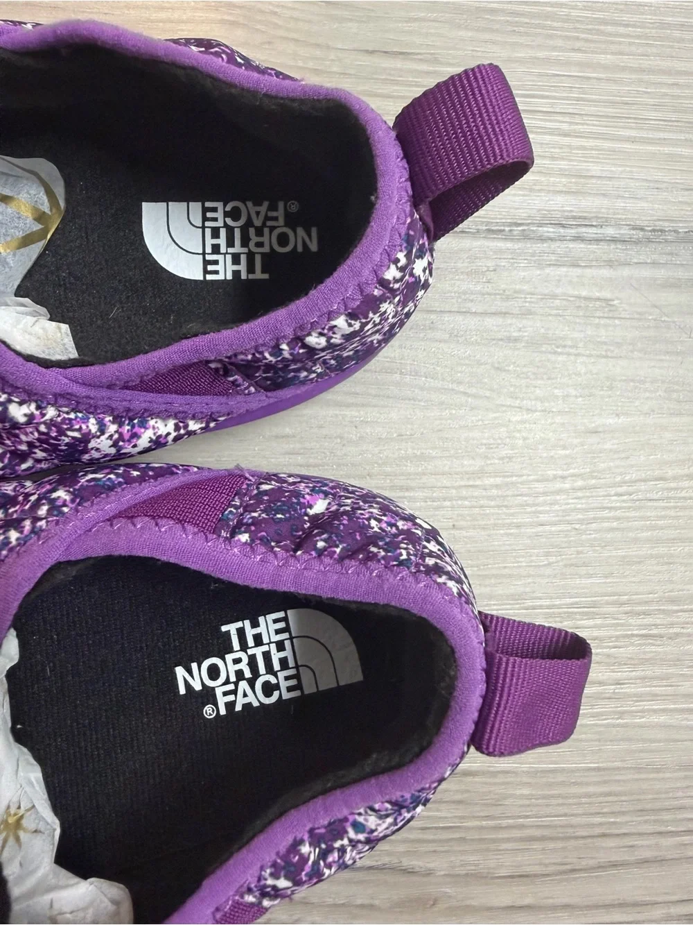 The North Face Kids Purple Quilted Slip-On Slippers with Speckled Print